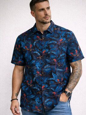 Retro Rifle Jungle Button Up Shirt XL Parrot Tropical Print Blue Black Short Sle